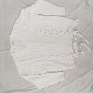 Listicle Cream Oversized Cable Knit V-Neck Sweater with Bows Women's Size Large